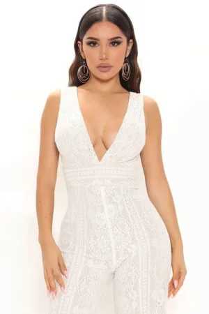 Fashion Nova Size S So in Love Lace Jumpsuit Ivory/Nude Jumper