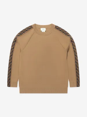 Fendi Kids Knitted Logo Taping Jumper in Brown