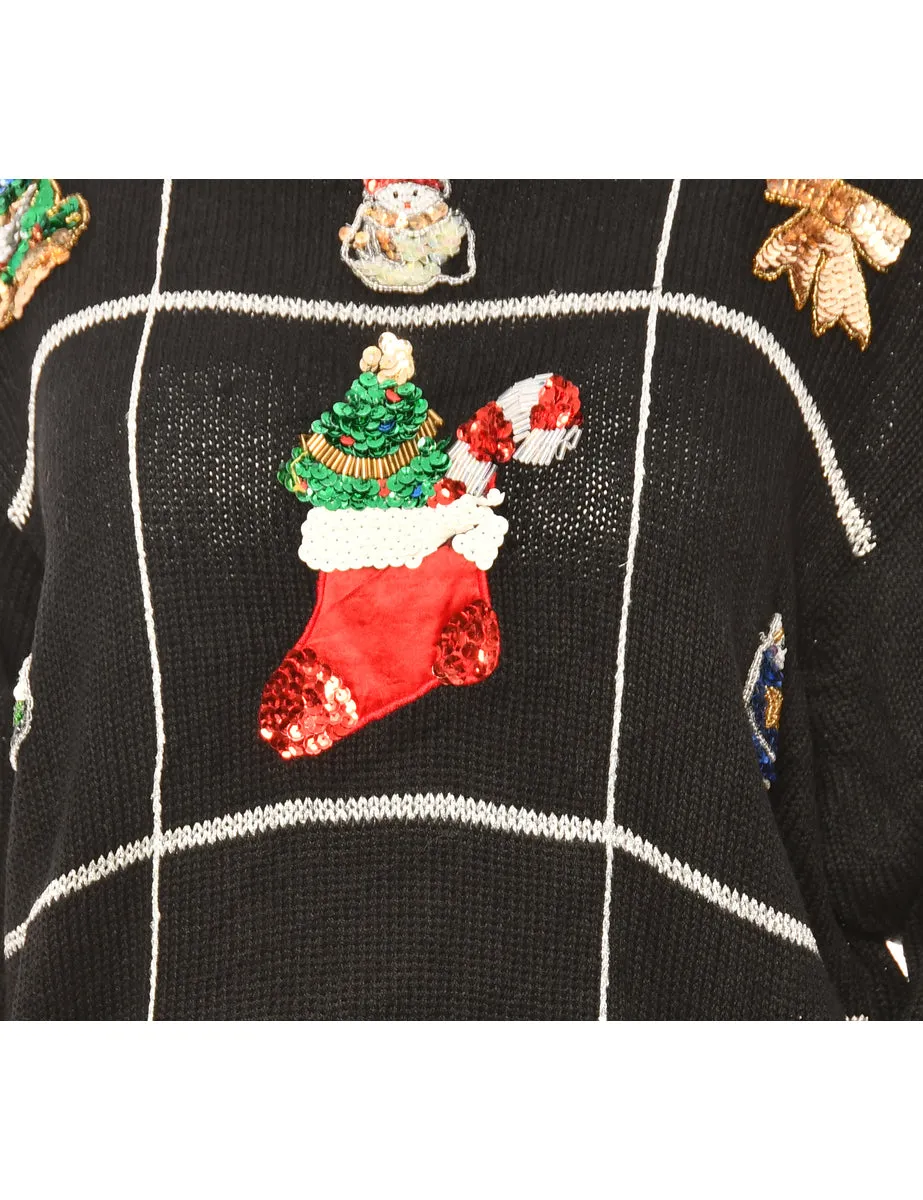 Festive Print Black Christmas Jumper - L