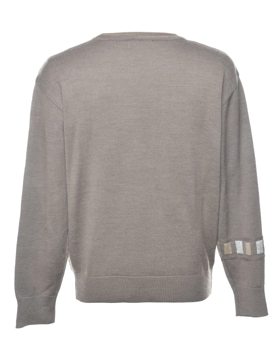 Fine Knit Grey Embroidered Jumper - L