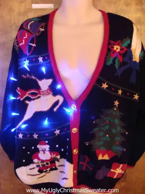 Flying Reindeer 80s Ugly Christmas Sweater with Lights