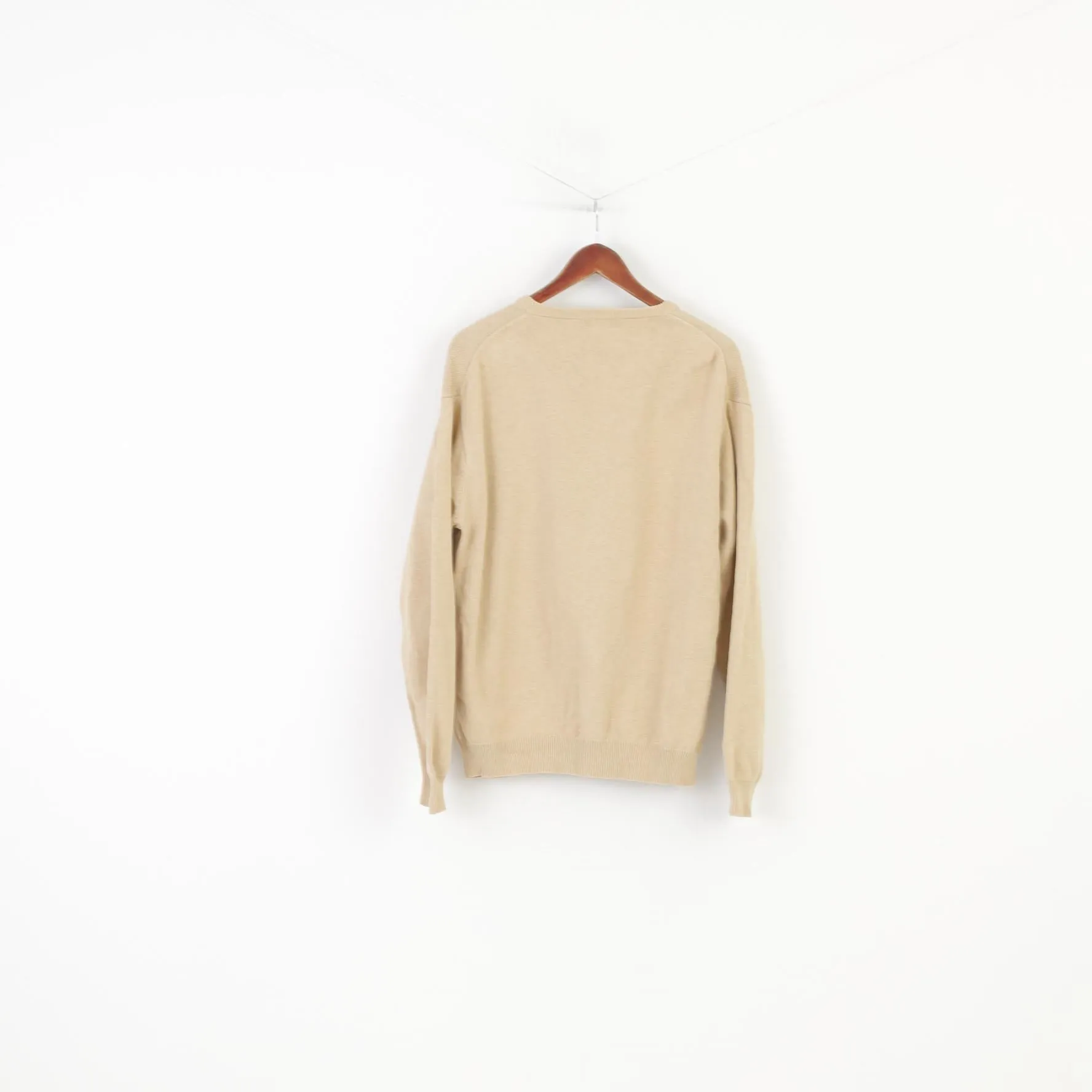Gant Men L Jumper Beige Cotton V Neck Long Sleeve Classic Vintage Top