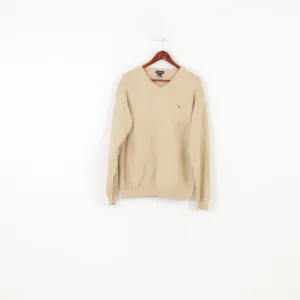 Gant Men L Jumper Beige Cotton V Neck Long Sleeve Classic Vintage Top