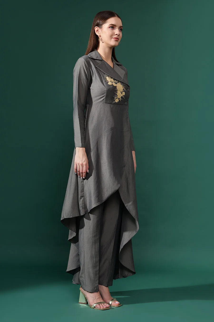 Grey Cotton Silk Embroidered Co-Ord Set