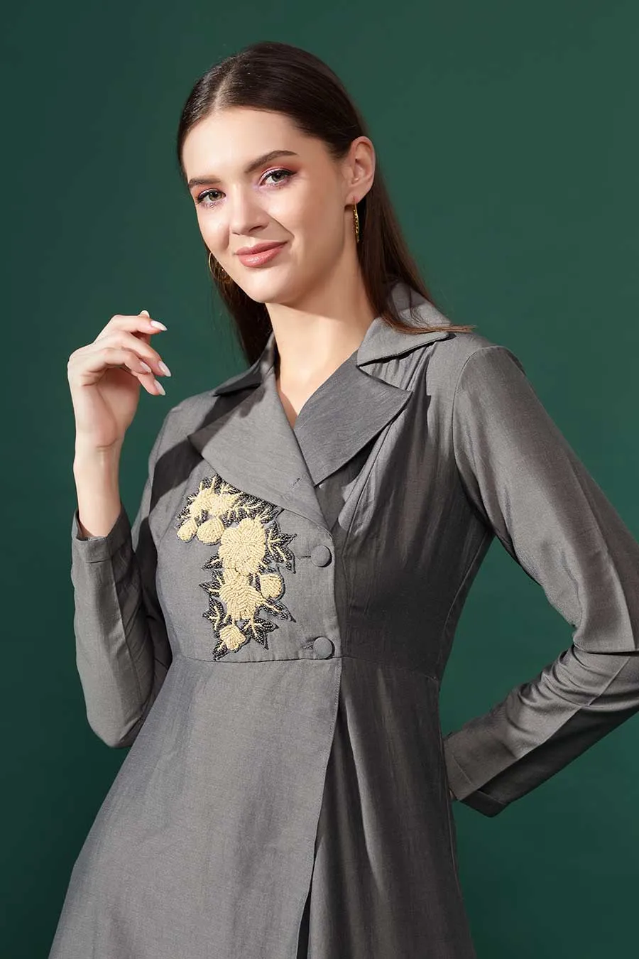 Grey Cotton Silk Embroidered Co-Ord Set