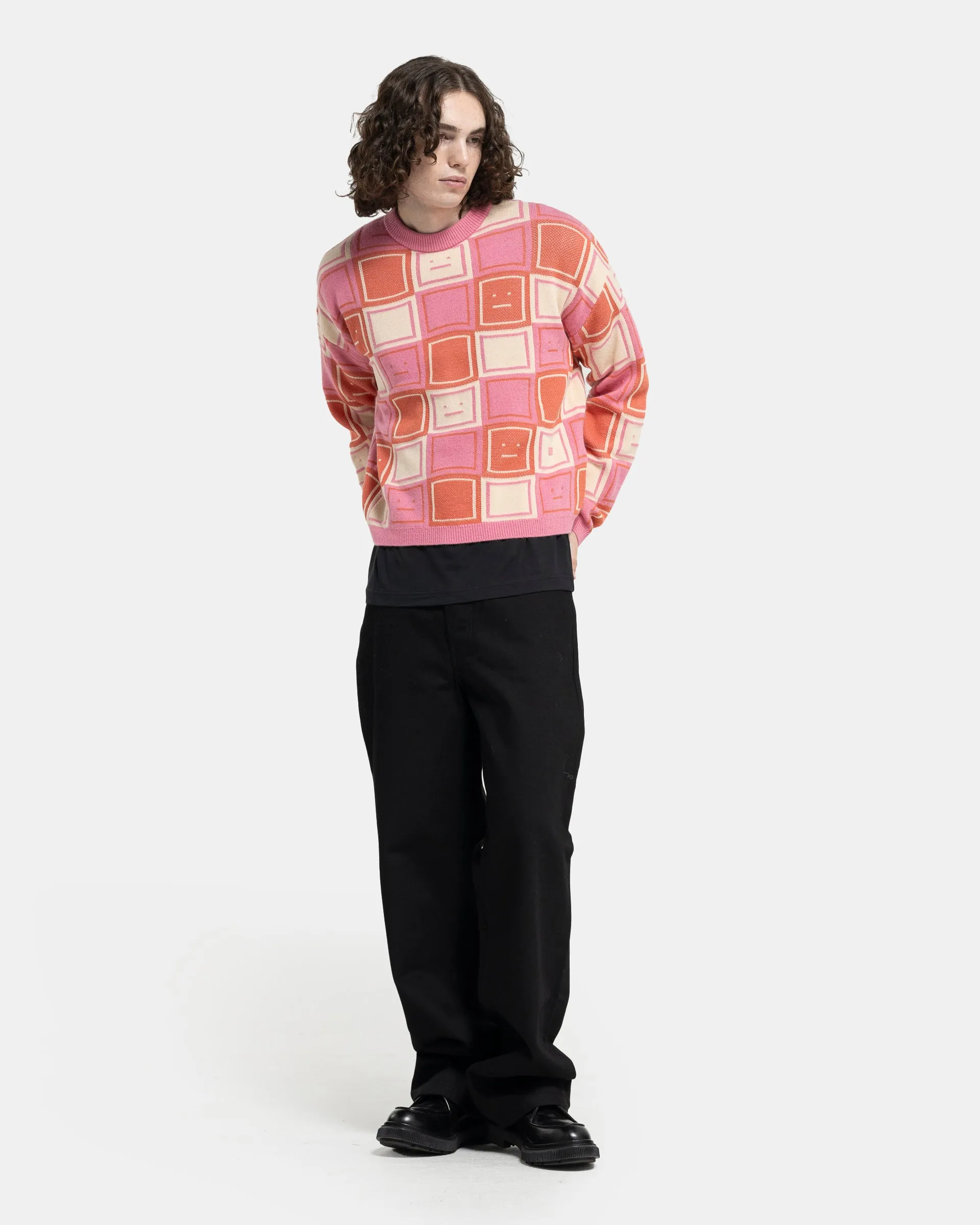 Jacquard Crew Neck Jumper in Rusty Orange and Tango Pink