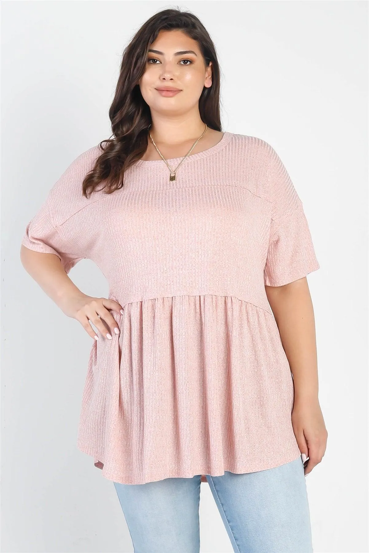 Junior Plus Blush Ribbed Trim Detail Short Sleeve Flare Hem Top /2-2-1
