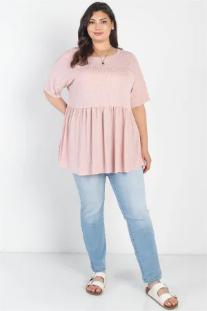 Junior Plus Blush Ribbed Trim Detail Short Sleeve Flare Hem Top /2-2-1