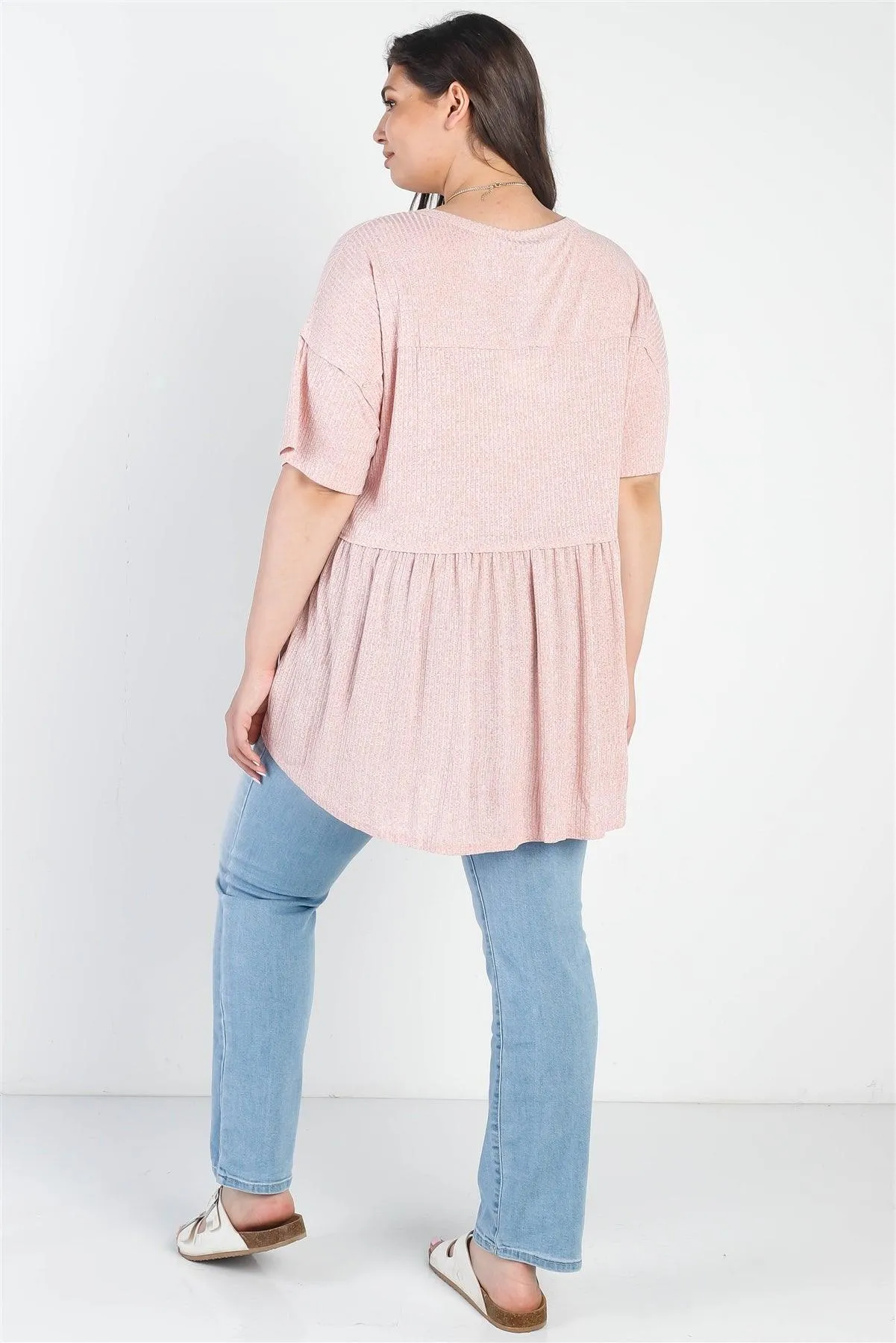 Junior Plus Blush Ribbed Trim Detail Short Sleeve Flare Hem Top /2-2-1