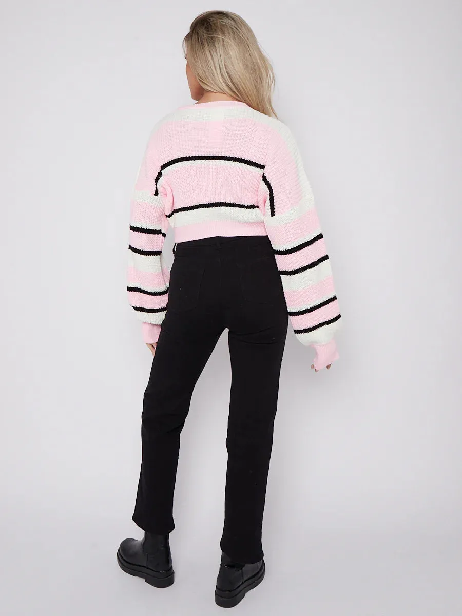 Karcy Colour Block Oversized Cropped Knitted Jumper In Pink