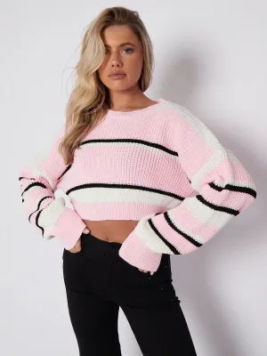 Karcy Colour Block Oversized Cropped Knitted Jumper In Pink