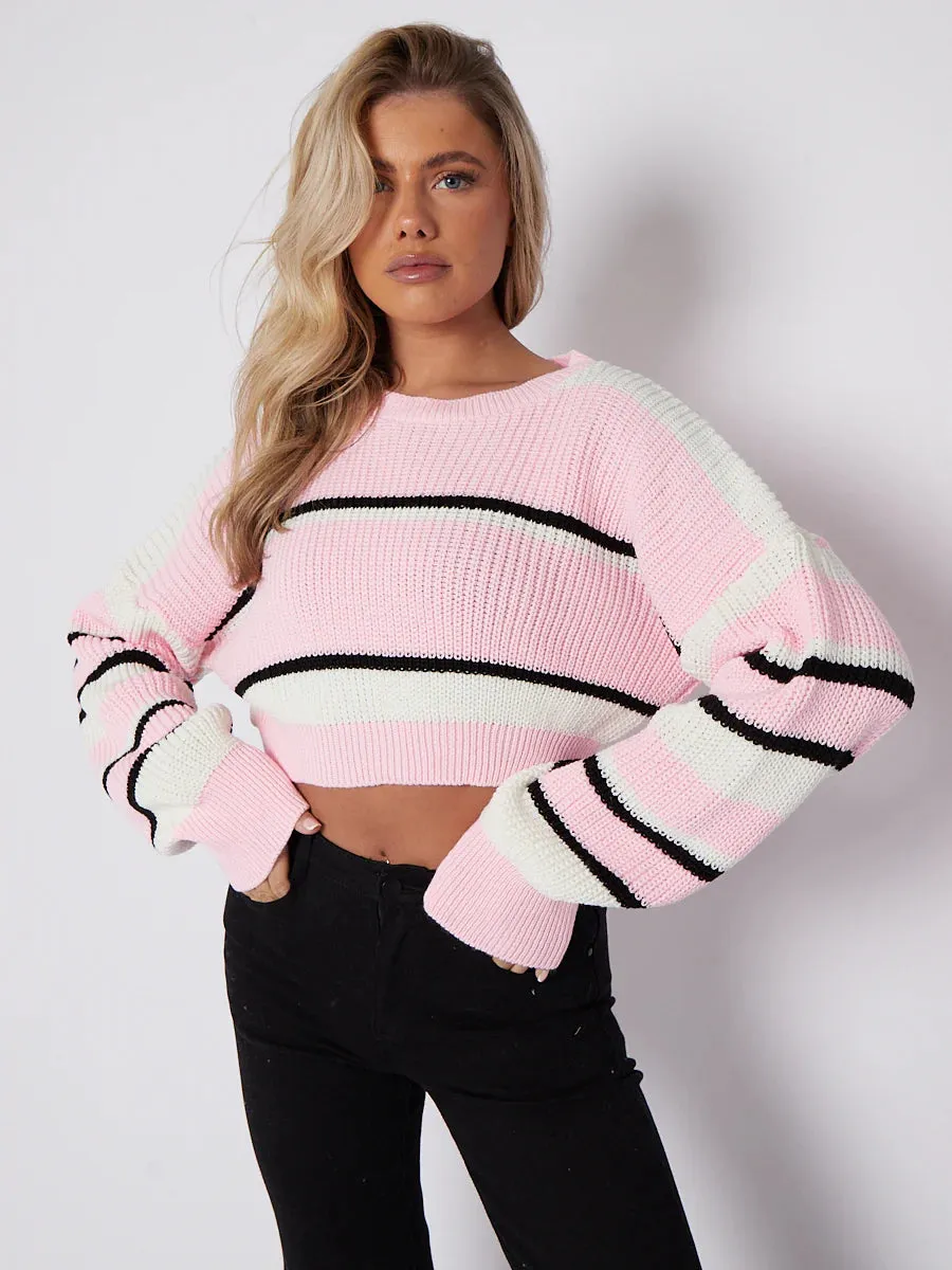 Karcy Colour Block Oversized Cropped Knitted Jumper In Pink