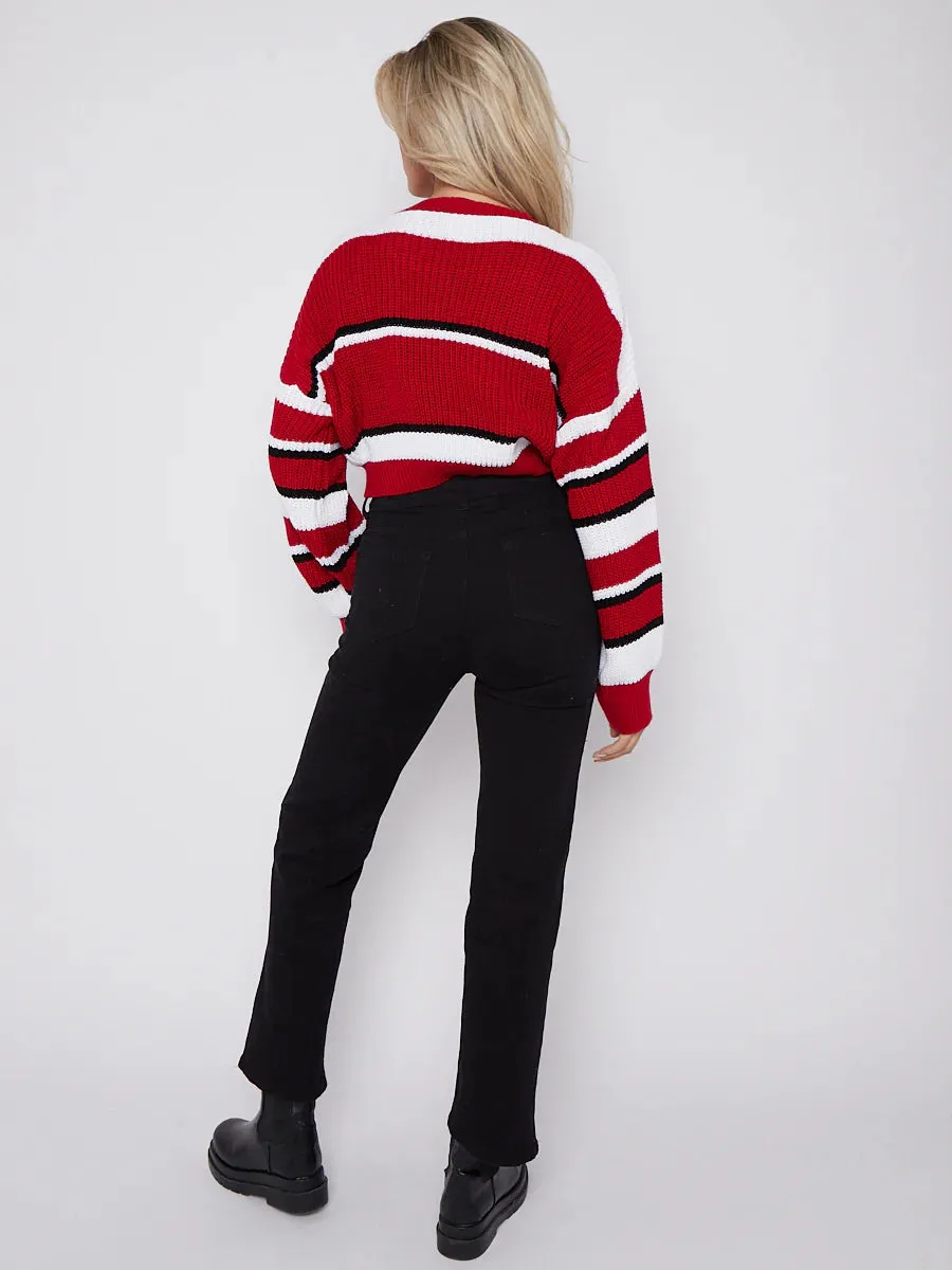 Karcy Colour Block Oversized Cropped Knitted Jumper In Red