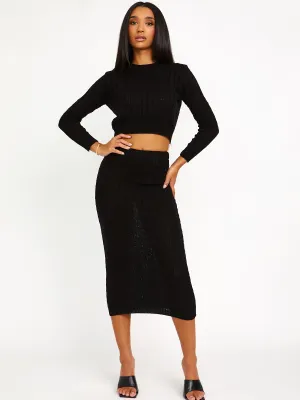 Katy Cable Knit Crop Jumper & Skirt Co-ord In Black