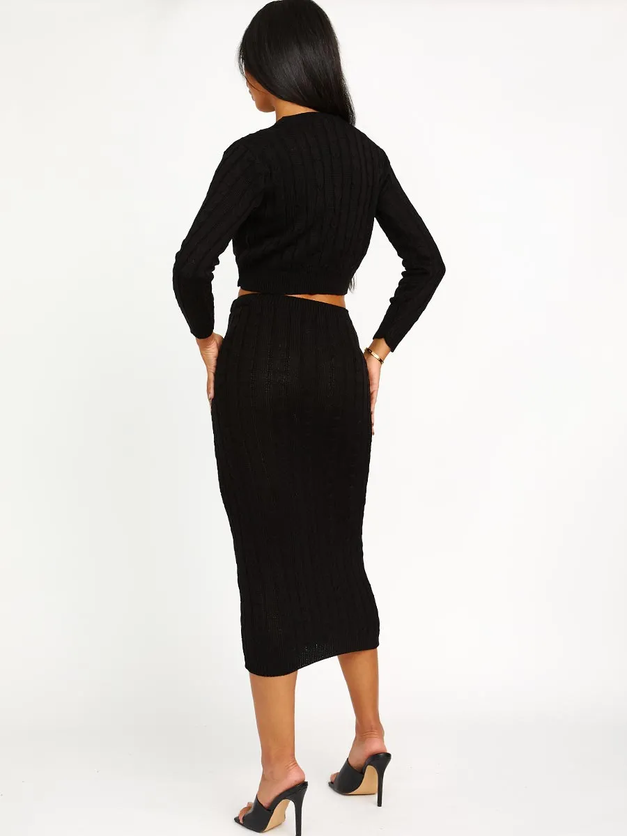 Katy Cable Knit Crop Jumper & Skirt Co-ord In Black