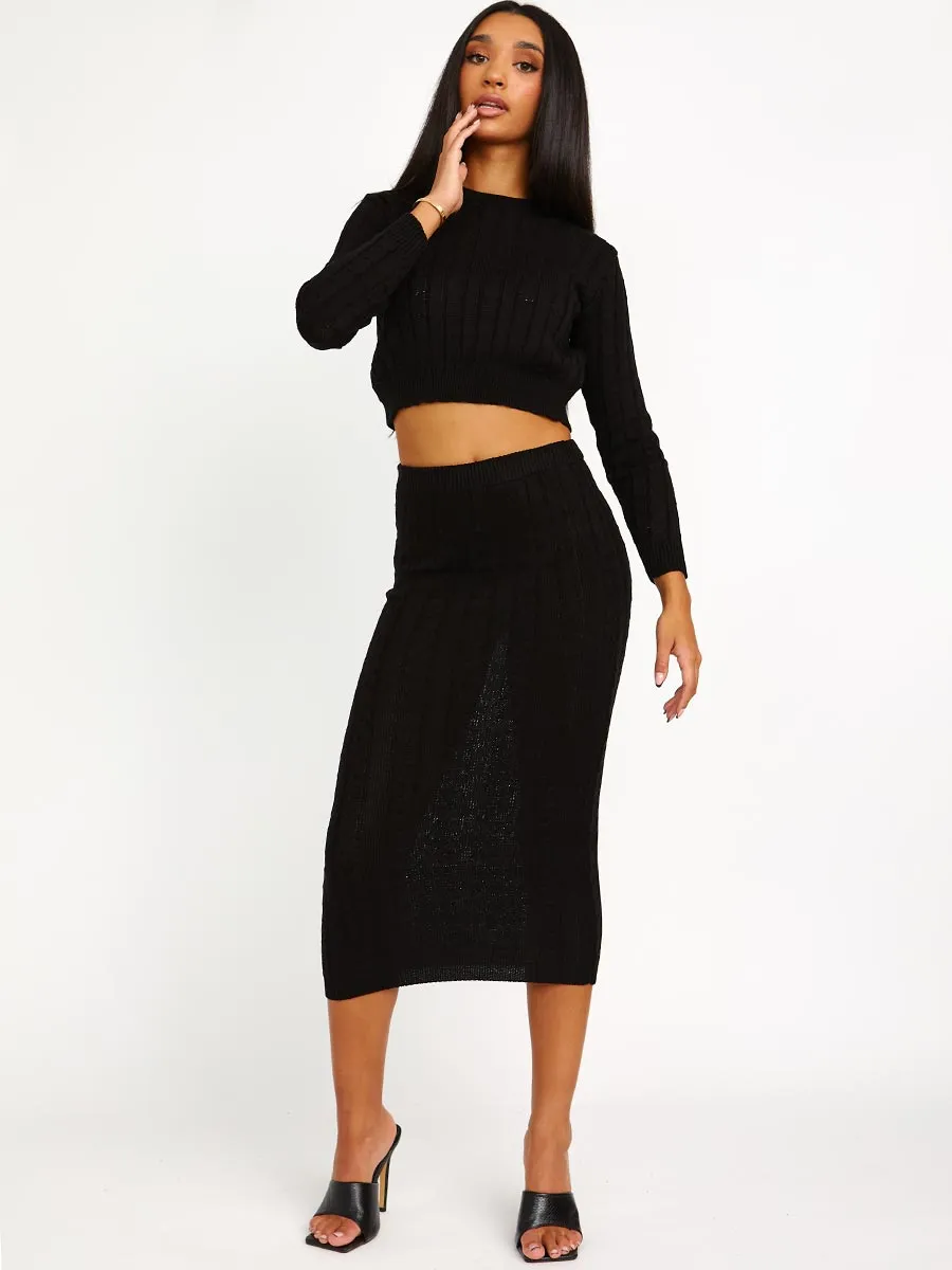 Katy Cable Knit Crop Jumper & Skirt Co-ord In Black