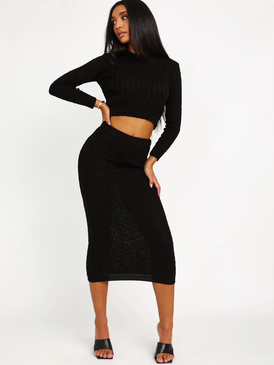 Katy Cable Knit Crop Jumper & Skirt Co-ord In Black