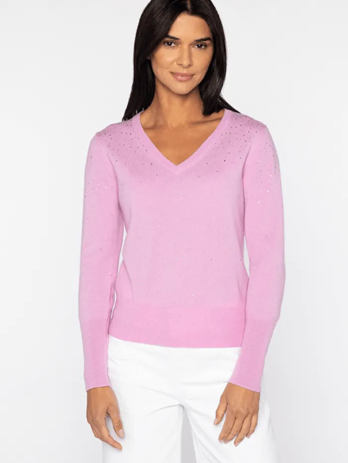 Kinross Cashmere Women's Crystal Vee Jumper In Pink LRSC4-104 Freesia