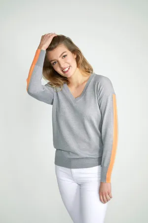 Ladies V Neck in mid grey & tangerine
