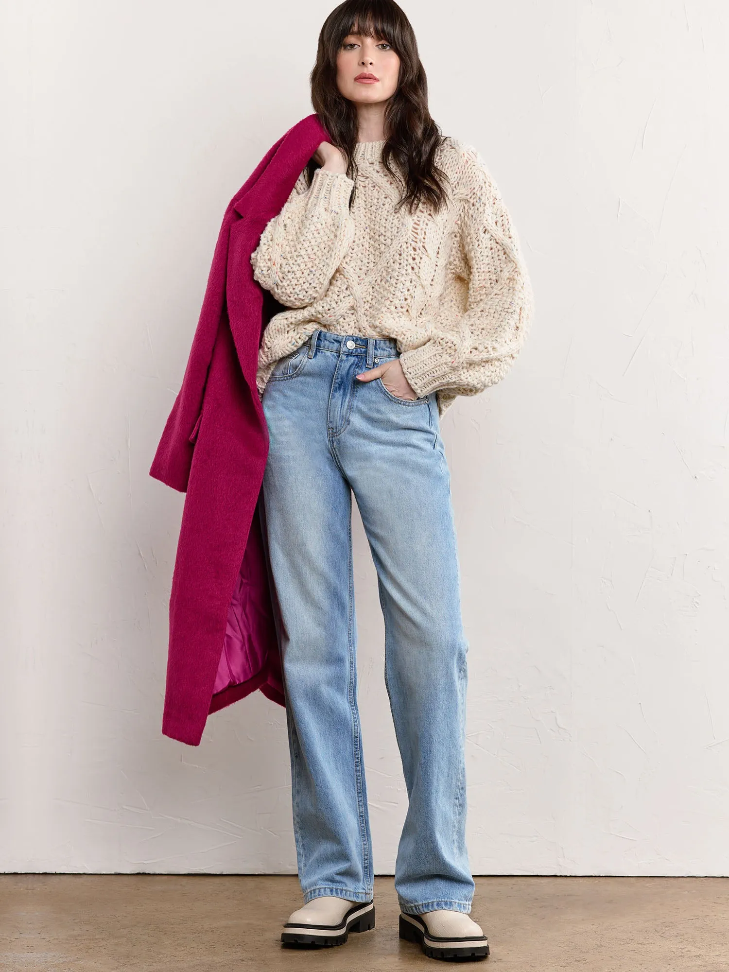 Long-Sleeve Cable Stitch Tunic Sweater - Fate