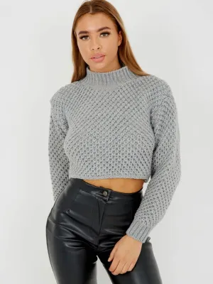 Maisee Bubble Knit High Neck Cropped Jumper In Grey