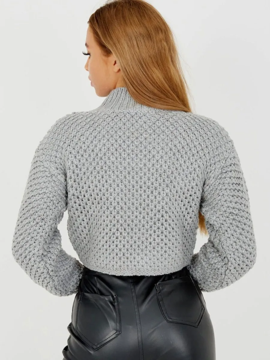 Maisee Bubble Knit High Neck Cropped Jumper In Grey