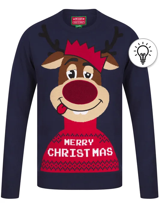 Men's Feelin Merry Motif LED Light Up Novelty Christmas Jumper in French Navy - Merry Christmas