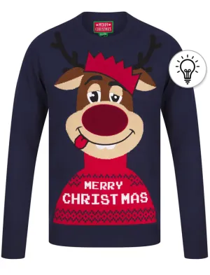 Men's Feelin Merry Motif LED Light Up Novelty Christmas Jumper in French Navy - Merry Christmas