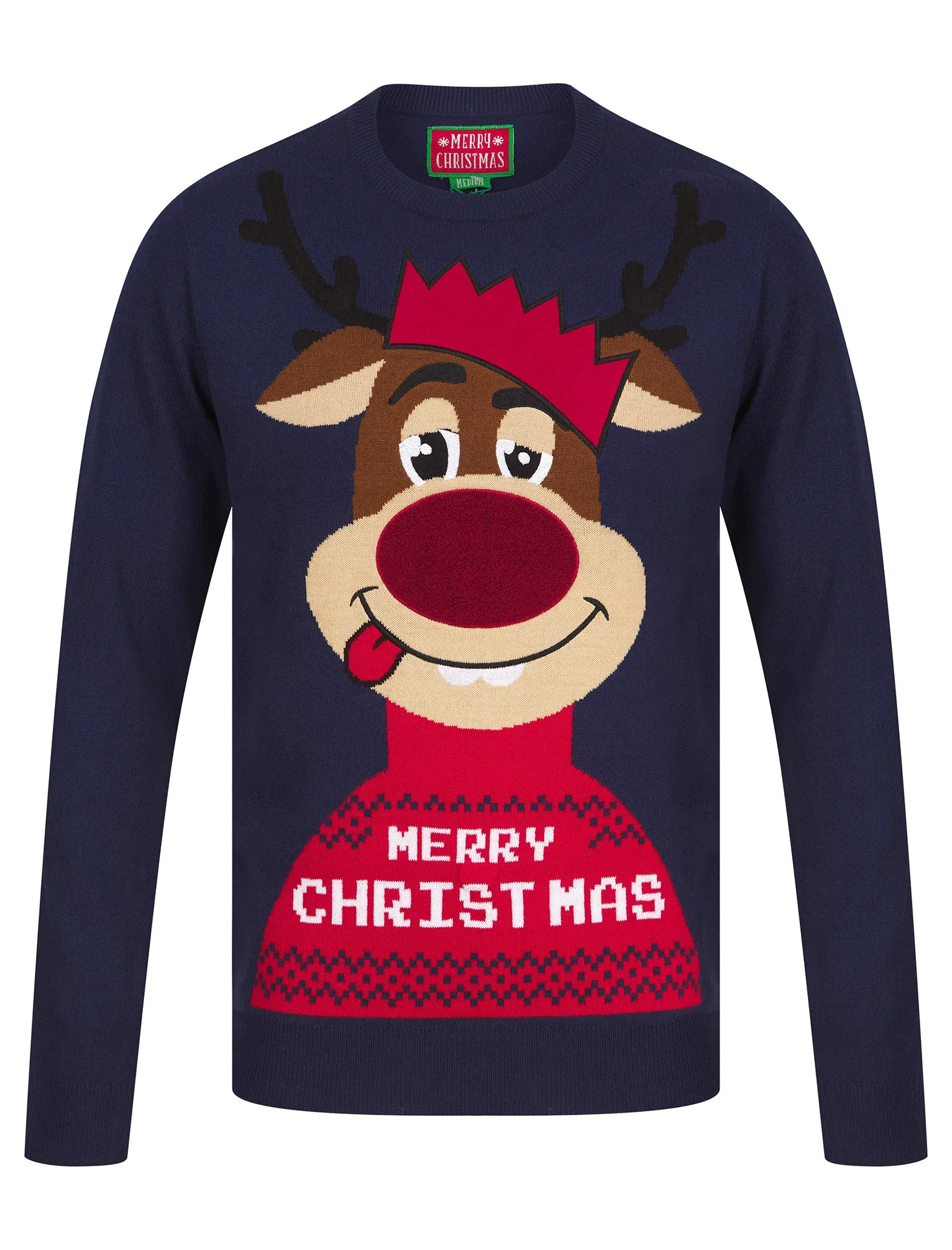 Men's Feelin Merry Motif LED Light Up Novelty Christmas Jumper in French Navy - Merry Christmas