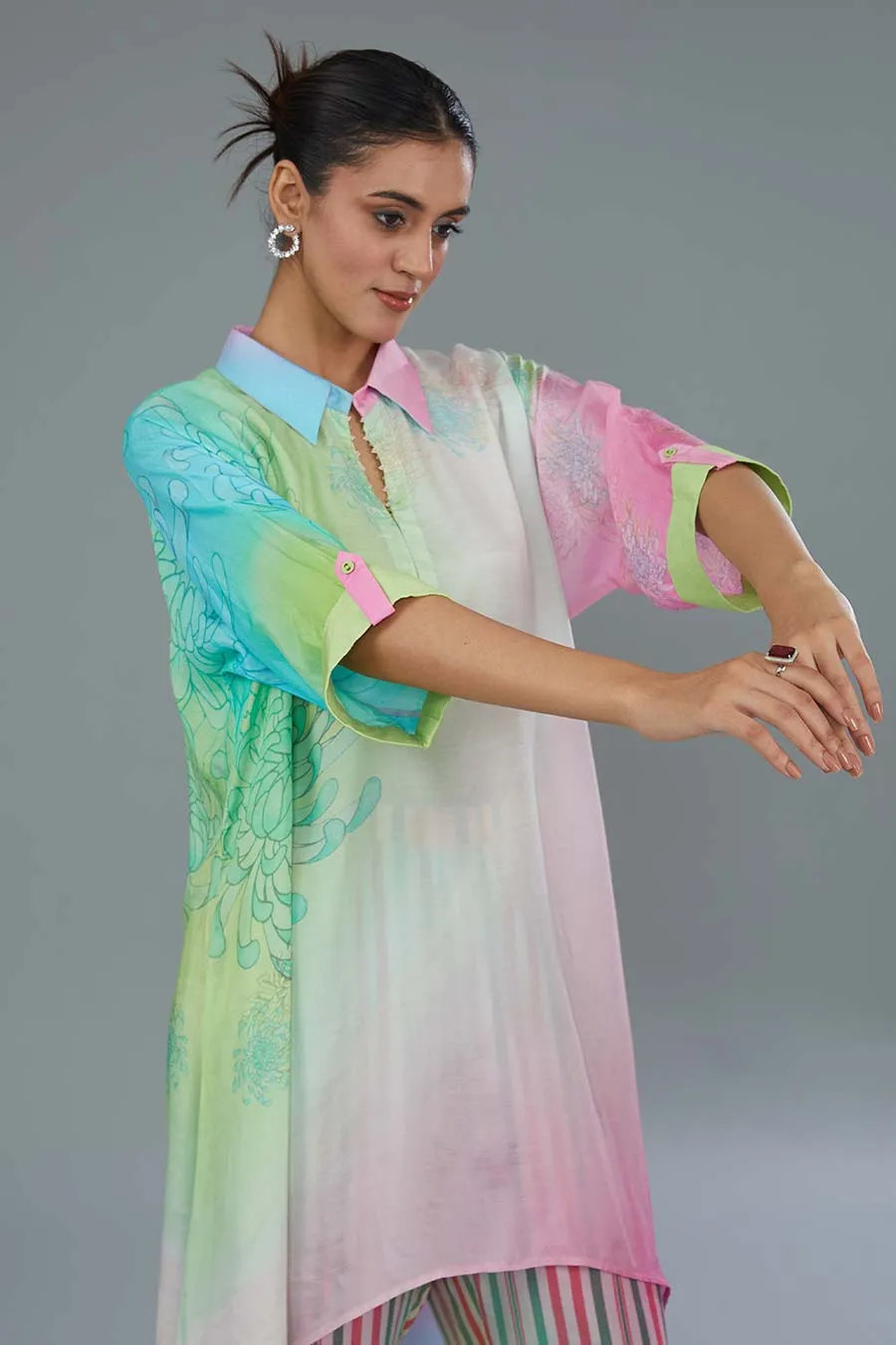 Multicolour Printed High-Low Tunic & Pant Set