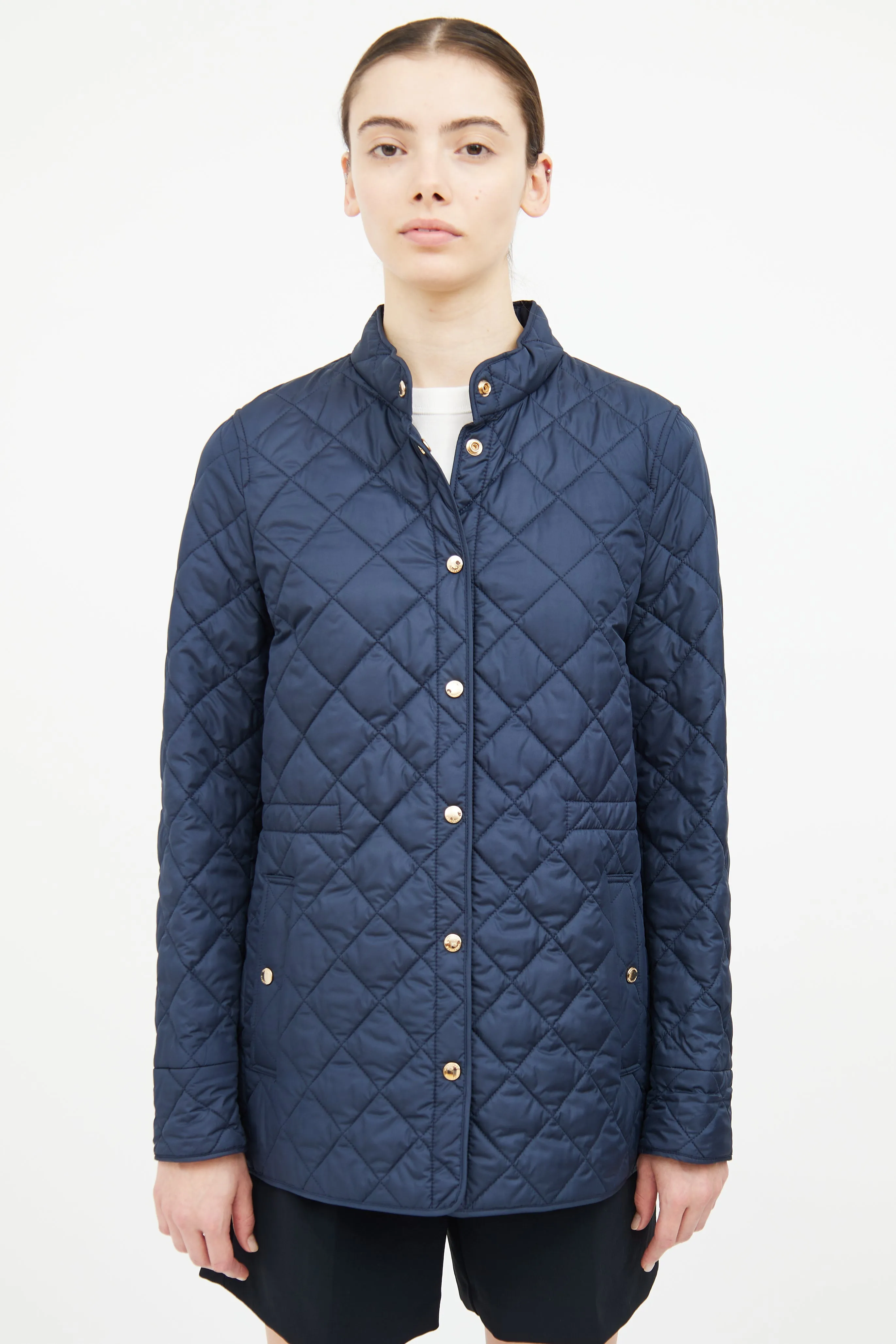 Navy Quilted Button Coat