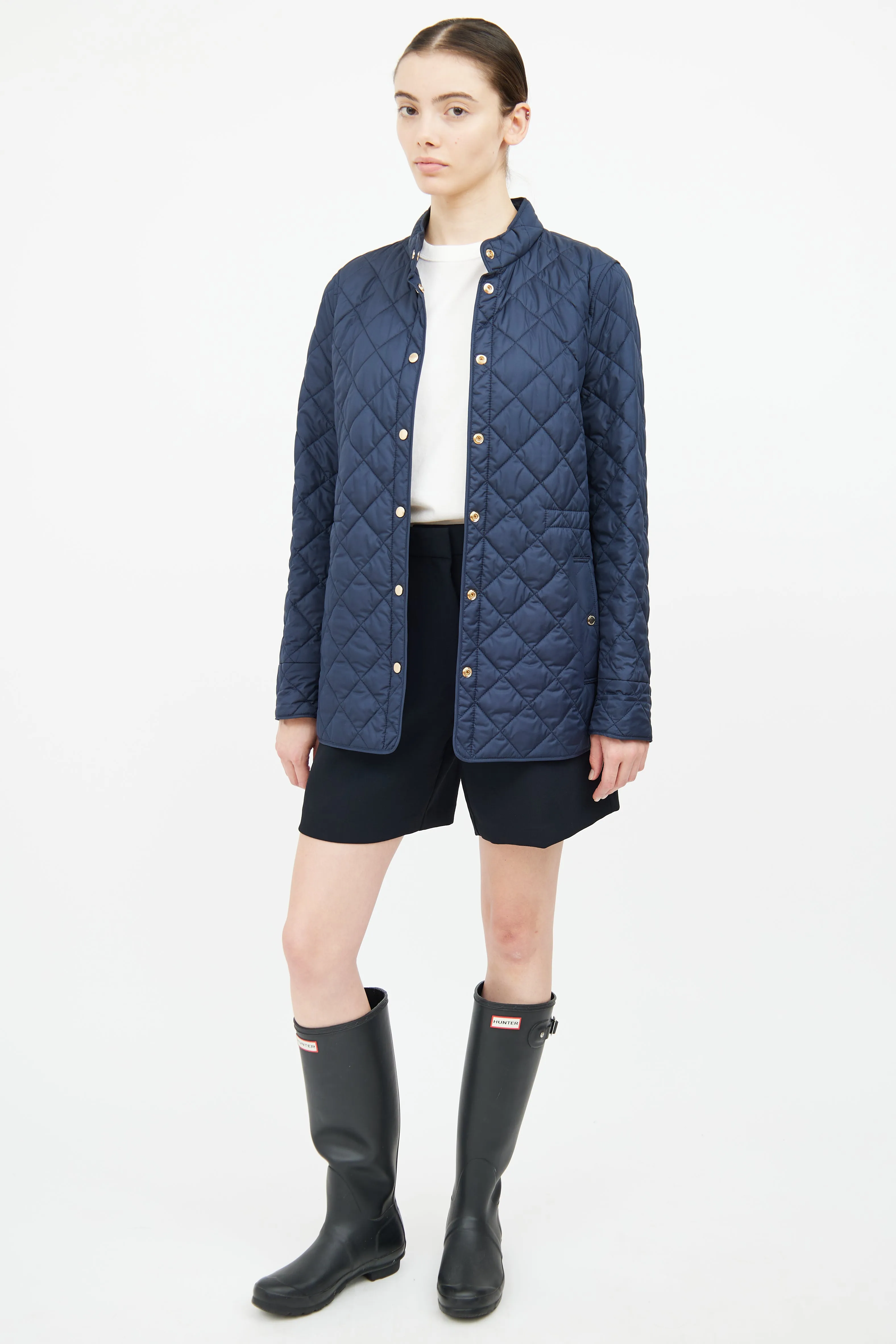 Navy Quilted Button Coat