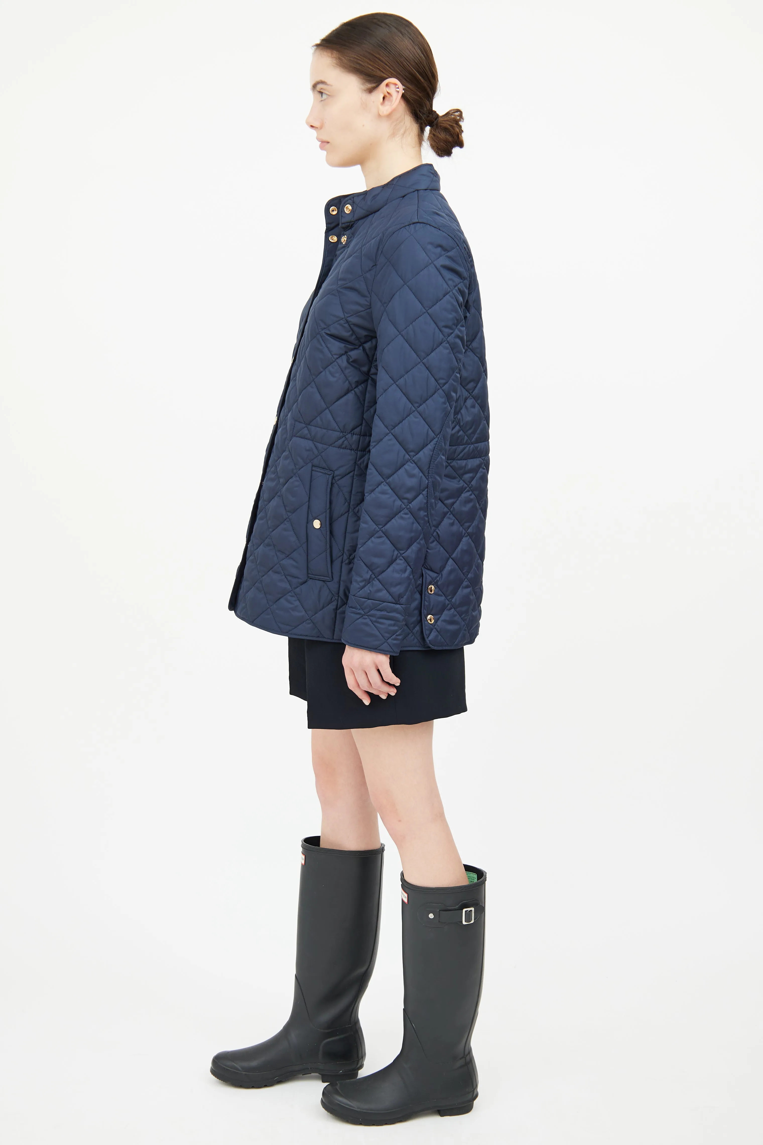 Navy Quilted Button Coat
