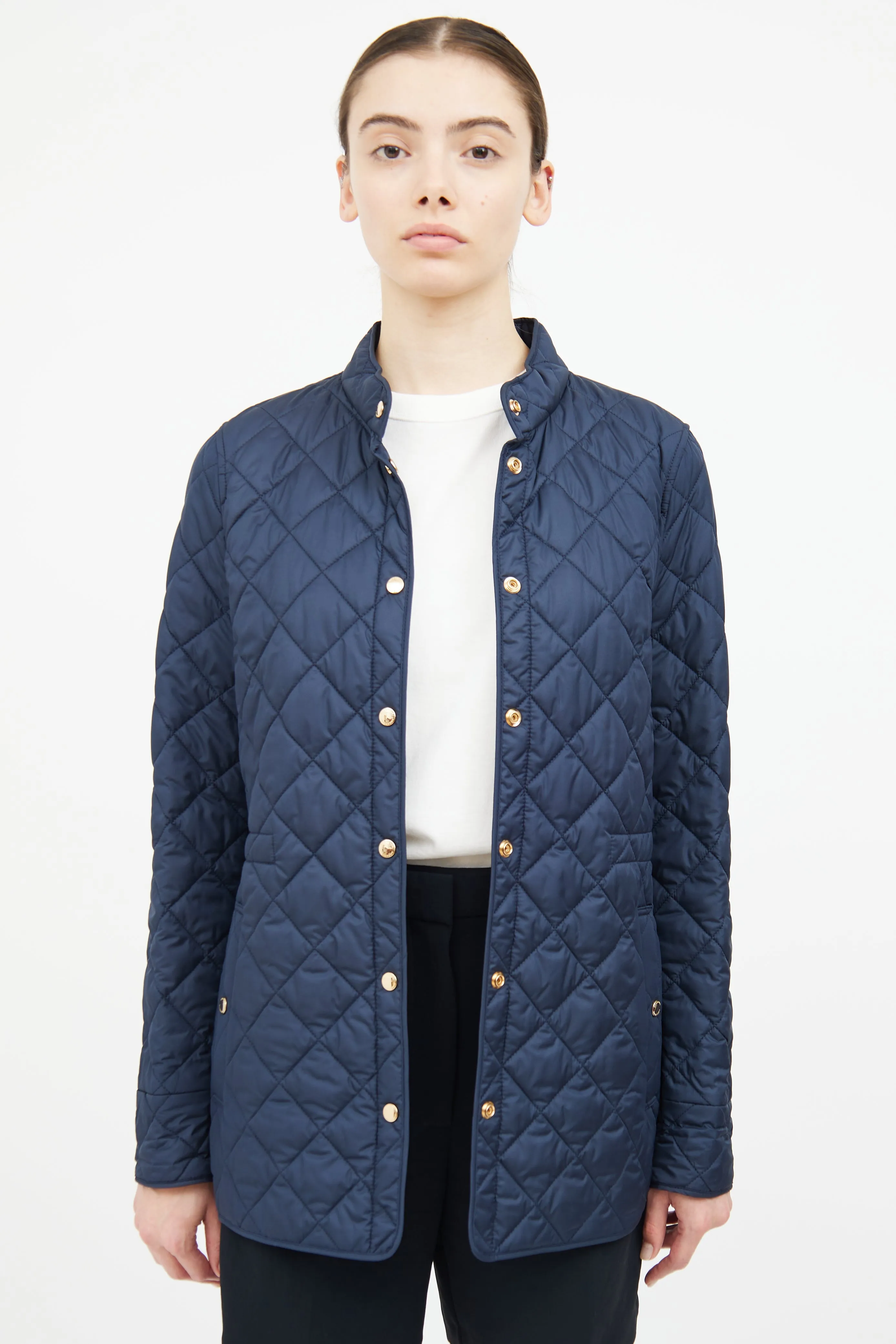 Navy Quilted Button Coat