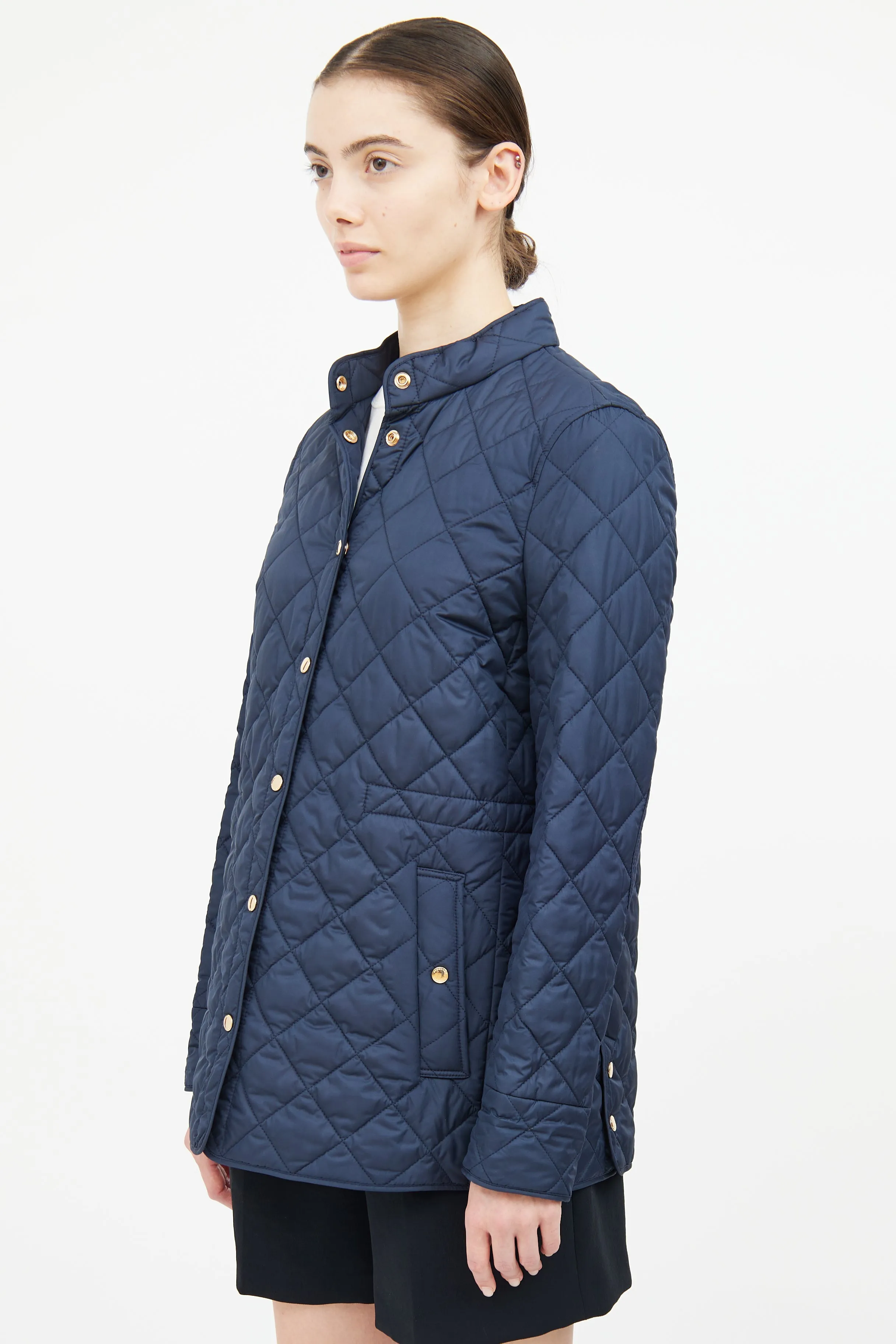 Navy Quilted Button Coat