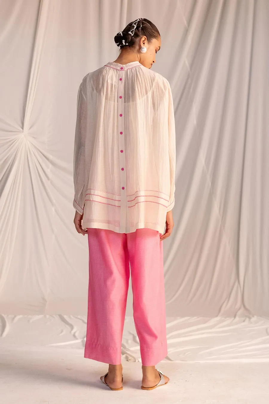 Off-White & Pink Gathered Tunic & Pant Set