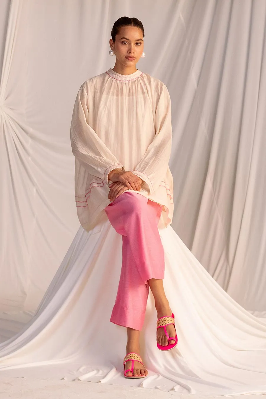 Off-White & Pink Gathered Tunic & Pant Set