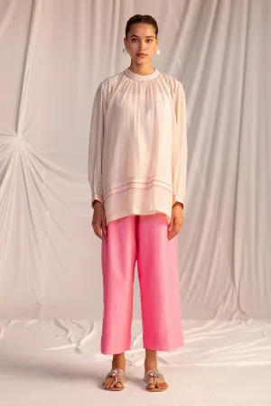 Off-White & Pink Gathered Tunic & Pant Set