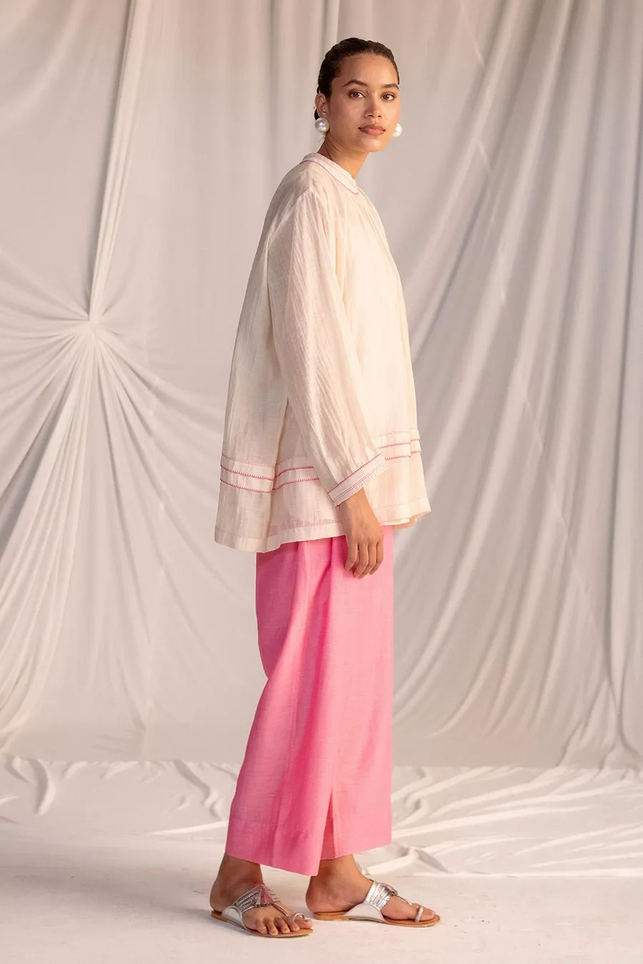 Off-White & Pink Gathered Tunic & Pant Set