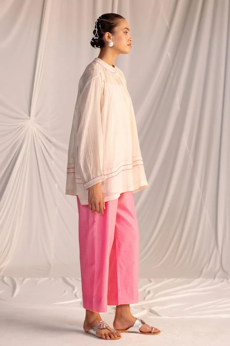 Off-White & Pink Gathered Tunic & Pant Set