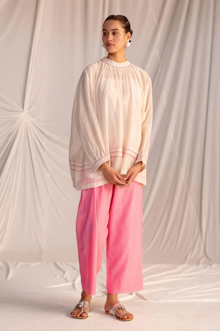 Off-White & Pink Gathered Tunic & Pant Set