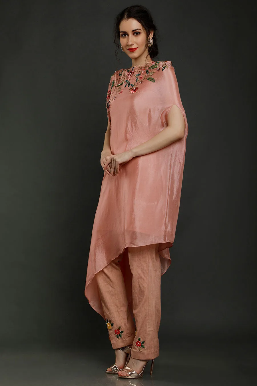 Peach Half-n-Half Kaftan Tunic & Pants Set