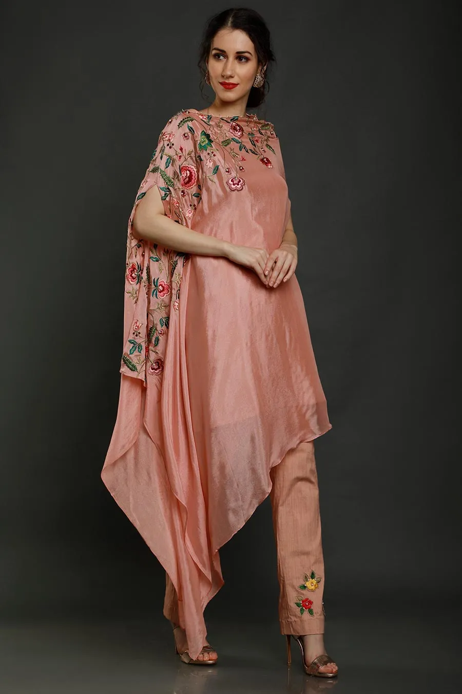 Peach Half-n-Half Kaftan Tunic & Pants Set