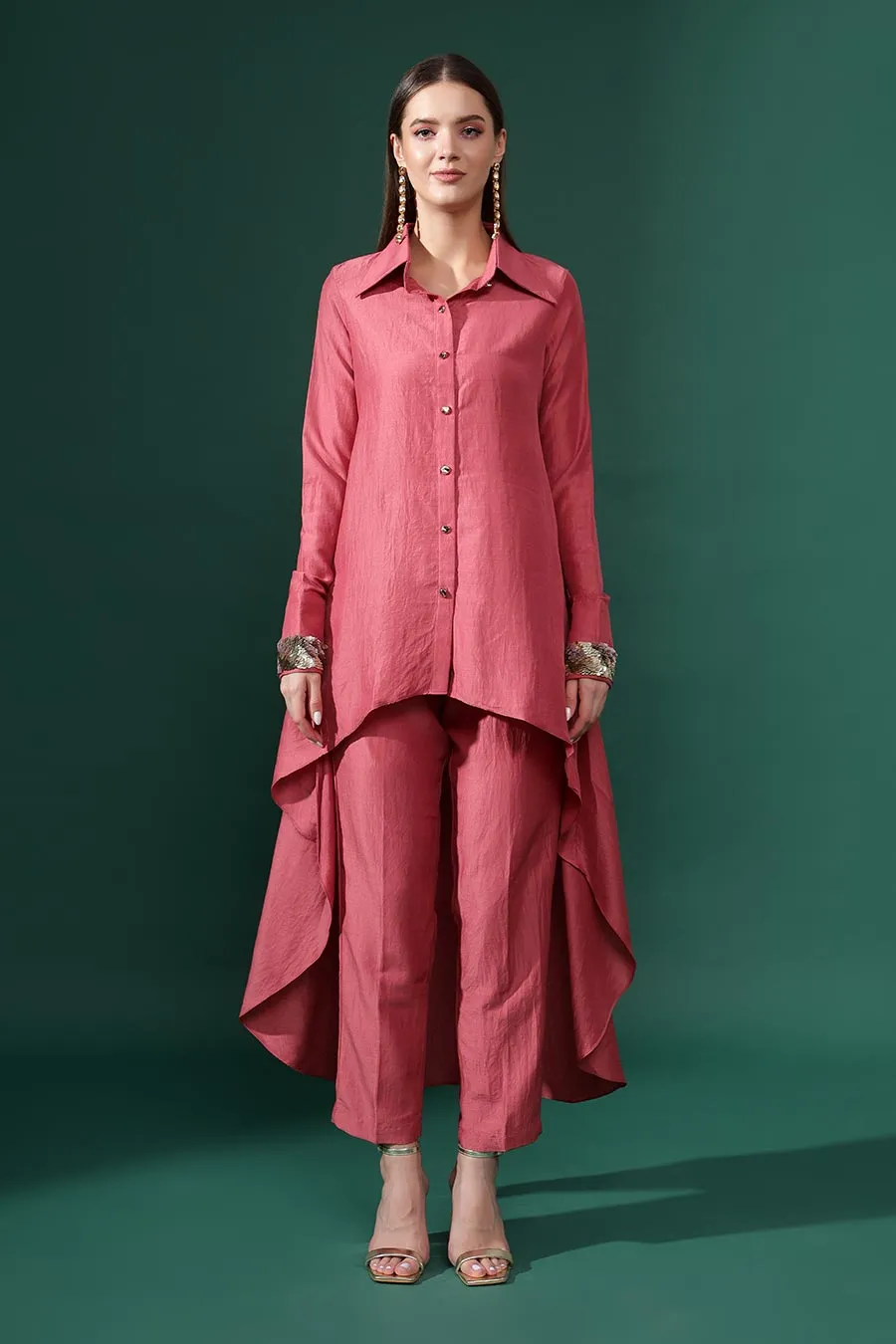 Pink Cotton Silk Cuff Embellished Co-Ord Set