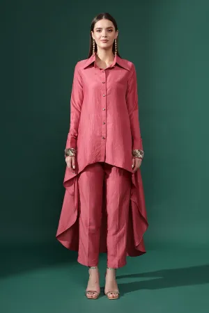 Pink Cotton Silk Cuff Embellished Co-Ord Set