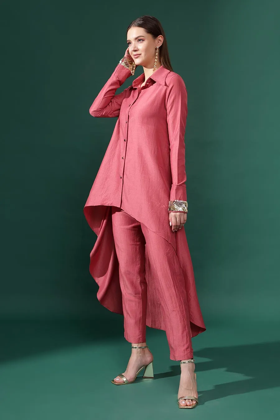 Pink Cotton Silk Cuff Embellished Co-Ord Set