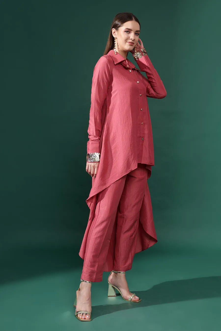 Pink Cotton Silk Cuff Embellished Co-Ord Set