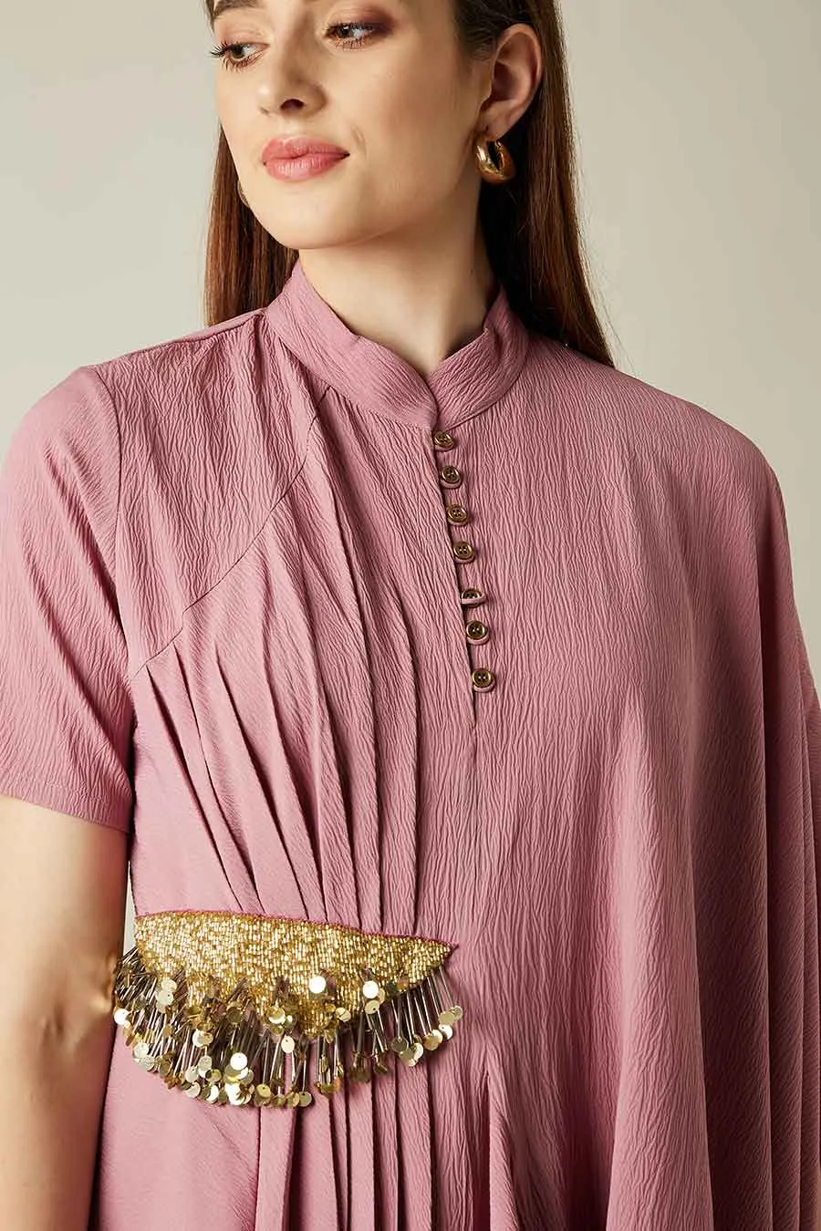 Pink Cowl Drape Tunic Co-Ord Set