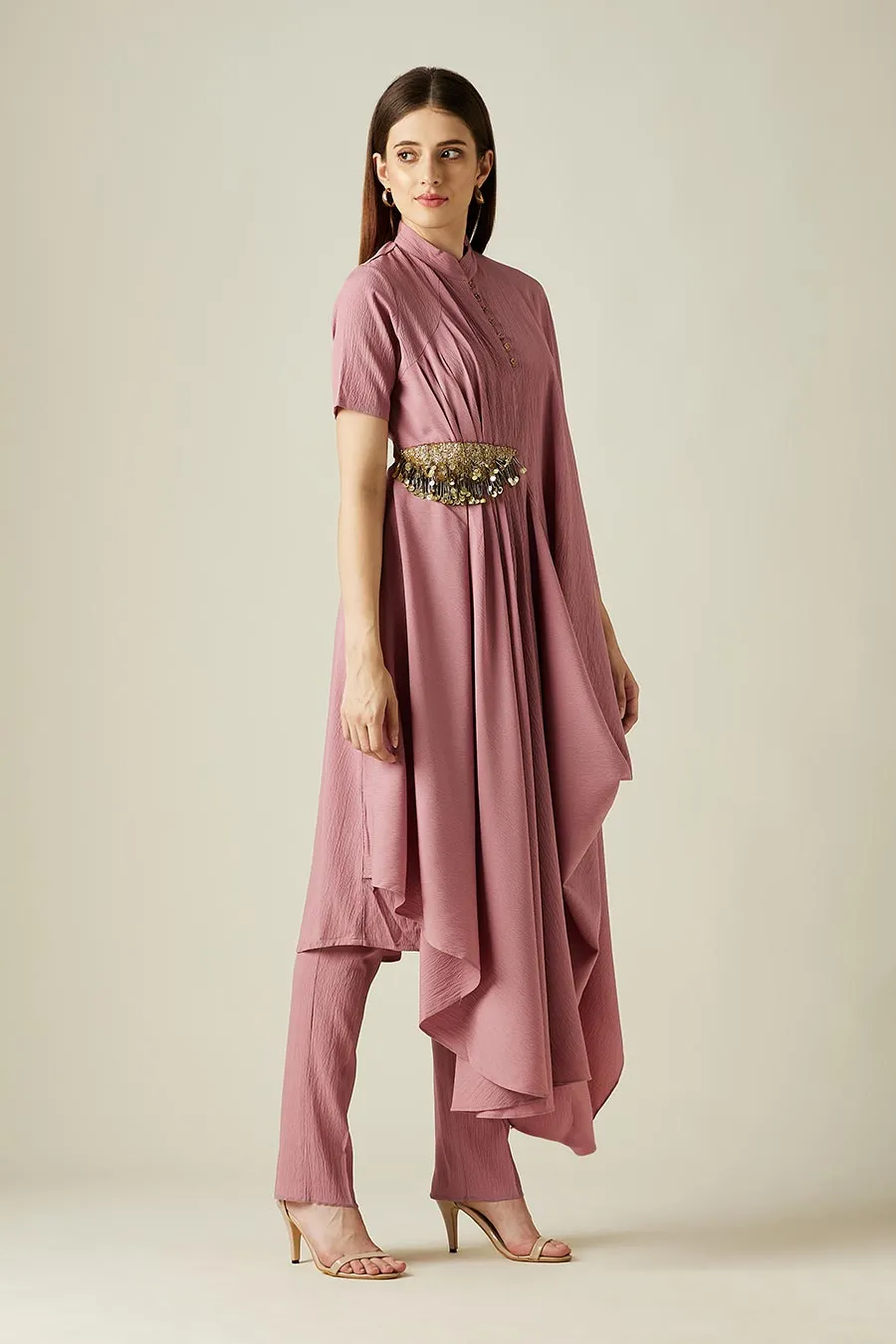 Pink Cowl Drape Tunic Co-Ord Set