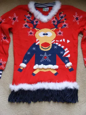 Red Reideer Christmas Sweater with Fringe